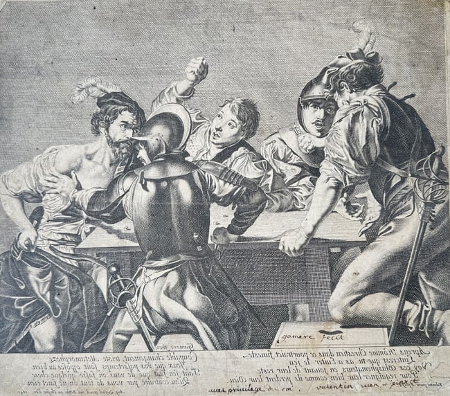 Louis Jacques Cathelin (1738–c. 1805) – Argument of Soldiers at a Table – Engraving: This detailed engraving depicts a dramatic genre scene involving a dispute or argument among soldiers gathered around a low table. The central figure is dressed in armor and attempts to push away an a