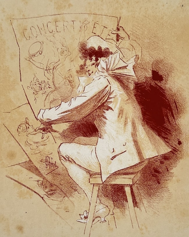 Jules Chéret (1836–1932) – Drawing for the "Concert Yvette" Poster - Chromolithograph: This print is a unique design, featuring an artist at work on a poster for "Concert Yvette" (referencing the famous singer Yvette Guilbert), and was issued as a special supplement to the influential A