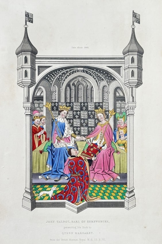Henry Shaw (1800–1873) – John Talbot, Earl of Shrewsbury, Presenting his Book to Queen: This richly colored historical scene depicts the ceremonial presentation of the illuminated Talbot Shrewsbury Book to Queen Margaret of Anjou, wife of King Henry VI of England.Henry Shaw was an Englis