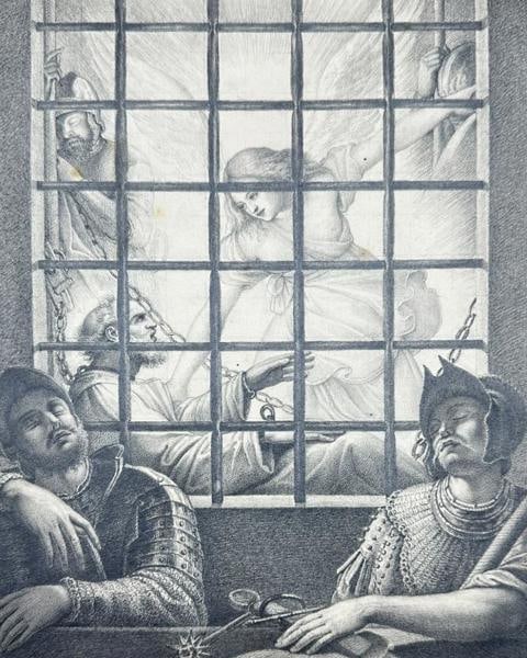 Federico Zuccari (1539-1609), After - The Liberation of Peter from Prison-Pencil: This intricately detailed composition is a rendition after Federico Zuccari (1539-1609), an esteemed Italian Mannerist painter and draftsman. The artwork illustrates the biblical scene of Saint Peter�
