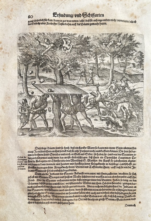 Theodore de Bry (1528–1598) – Invention and Artillery: Transporting Cannon: This original text and engraving page is titled "Erfindung und Schießarten" (Invention and Artillery) in German, and is a technical and military illustration. The image depicts a dynamic scene in a w