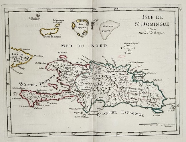 Georges-Louis Le Rouge (c. 1707–c. 1790) – Map of the Island of St. Domingue - Engraving: This topographical map depicts the island of St. Domingue (Hispaniola), showing its division into the French-controlled "Quartier Francois" and the Spanish-controlled "Quartier Espagnol."Georges-Louis