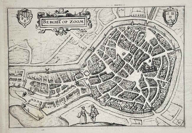 Frans Hogenberg (1535–1590) – Map of Bergen op Zoom: Berghe op Zoom (Netherlands): This topographical plan is a detailed bird's-eye view map of the city of Bergen op Zoom, Netherlands. The map illustrates the city's fortified layout, showing the surrounding walls, moats, and the den