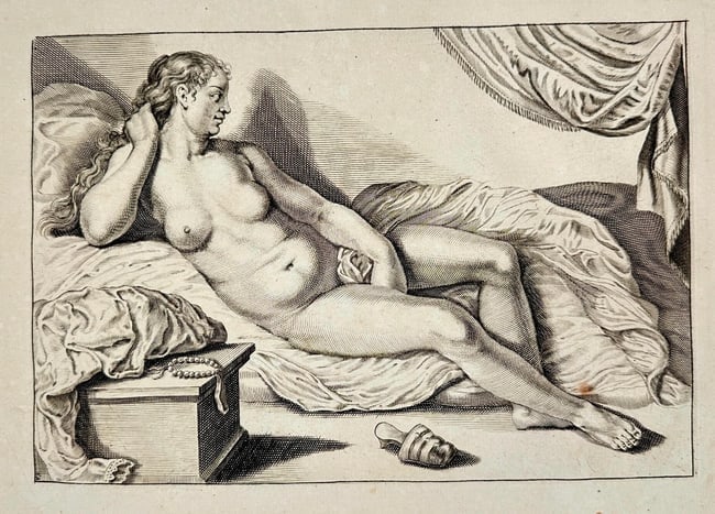 Frederick de Wit– Reclining Nude Woman on a Bed – Engraving: This copperplate engraving reproduces the dramatic moment of reconciliation This engraving shows a nude woman reclining on a bed, with soft fabrics, jewelry, and a turned pose suggesting classical ele