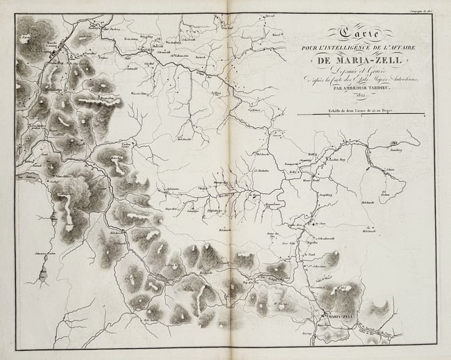 Ambroise Tardieu (1788–1841) – Map of Maria-Zell, Styria and Carinthia – Engraving: This topographical work is a detailed engraved map Map for the understanding of the Maria-Zell Affair, Styria and Carinthia. The map depicts a mountainous region in present-day Austria, showing the ar