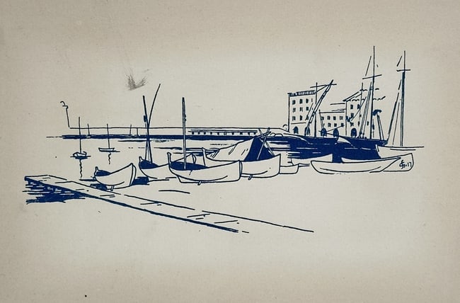 Maurice de Vlaminck (1876–1958) – Harbor Scene with Sailboats and Pier – Lithograph: This lithograph presents a striking harbor scene, characterized by the artist's bold, expressionistic line work executed in a single dark blue ink on beige paper. The composition focuses on several sa