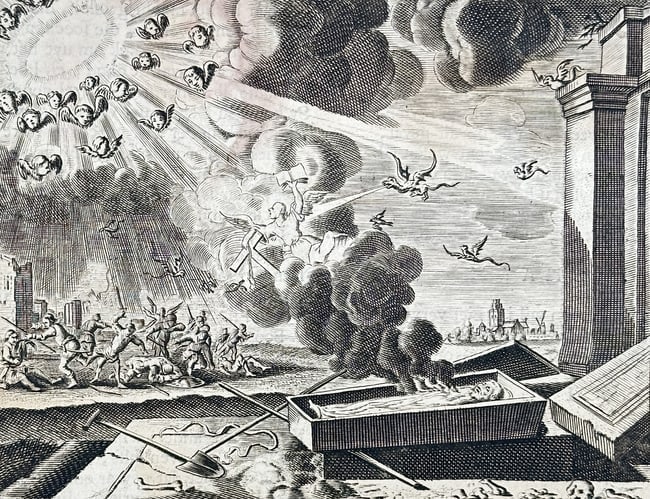 Jacob Cats – Allegory of the Soul and Body from Alle de Wercken – Engraving (c. 1655): This engraving is set within a page of Dutch text titled Tusschen Ziel en Lichaam (Between Soul and Body) and depicts a complex allegorical scene featuring a divine light in the heavens filled with an