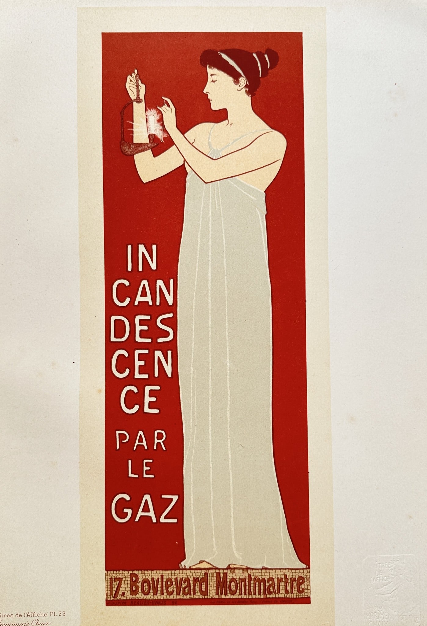 Maurice Réalier-Dumas (1860–1928) – Goddess of Light – Colour lithograph (1897): This colour lithograph, commonly known as "Goddess of Light," is a print of an advertisement for gas lighting, originally created as a poster. The work features a stylized female figure in a white dre