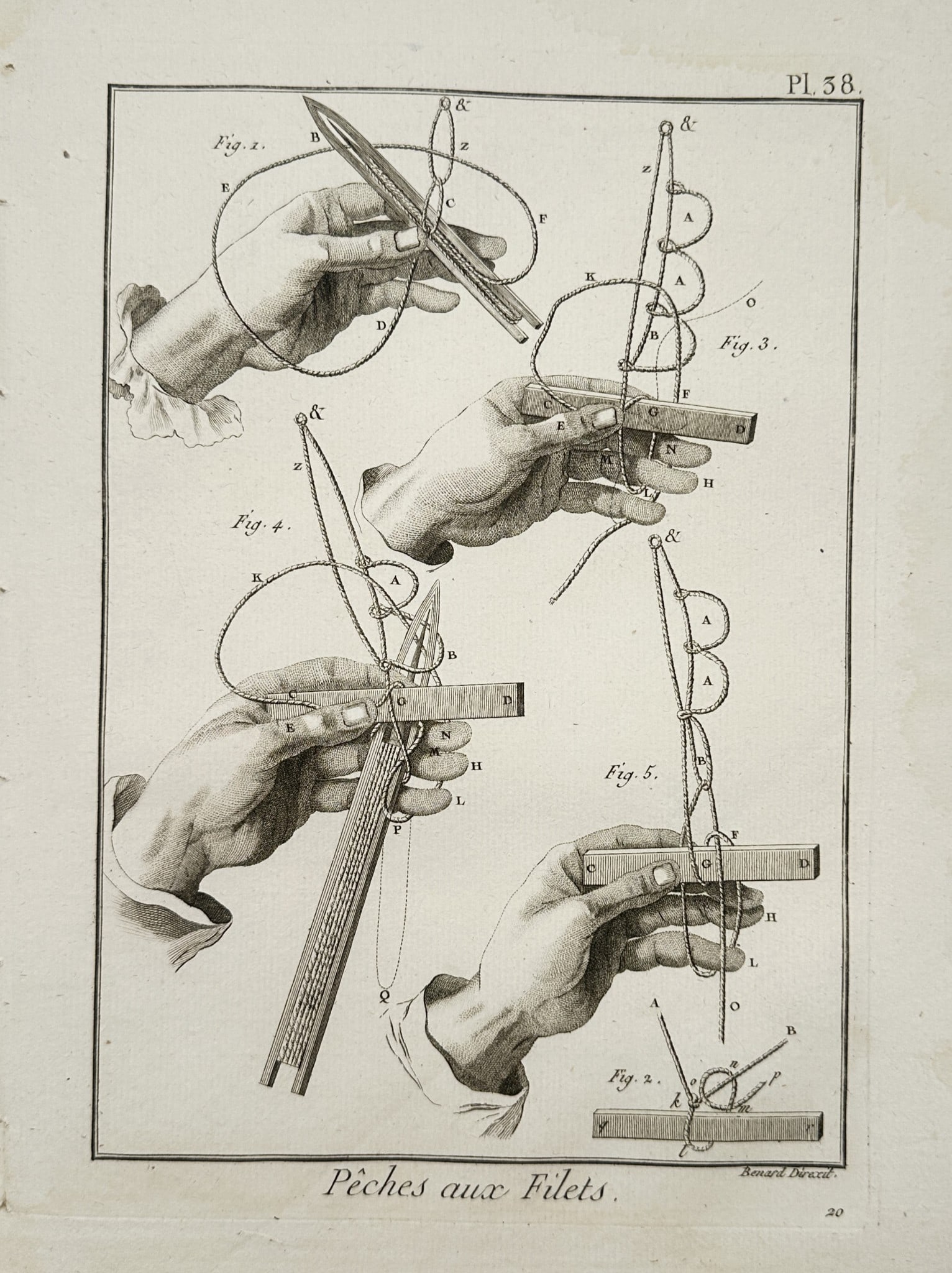 Robert Benard (1734–1777) – Illustration of Manual Techniques for Net Weaving: "Pêches aux Filets" illustrates the intricate hand movements and specialized wooden tools required for the construction and repair of fishing nets. The composition features four detailed studies of h