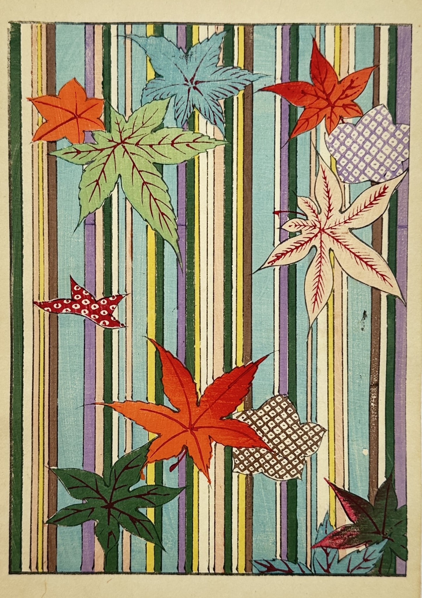 Japanese School (20th Century) – Composition of Autumn Maple Leaves: "Autumn Leaves" illustrates a decorative arrangement of maple leaves in various colors including red, orange, green, and pale blue. The leaves are scattered across a background of vertical stripes in 