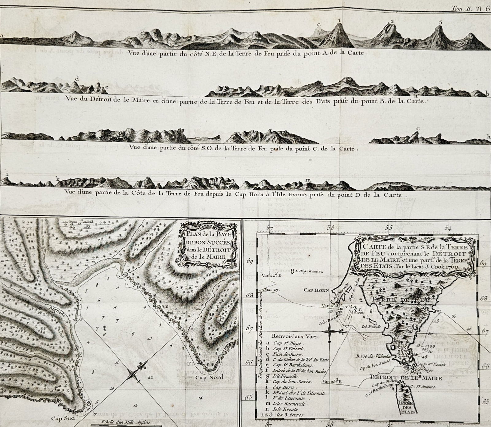 James Cook (1728–1779) – Plan of the Strait of Le Maire and Tierra del Fuego - Etching: "Carte de la partie S.E. de la Terre de Feu" depicts a detailed nautical chart and coastal views of the southeastern tip of South America. The composition features two specific maps: a plan of Success