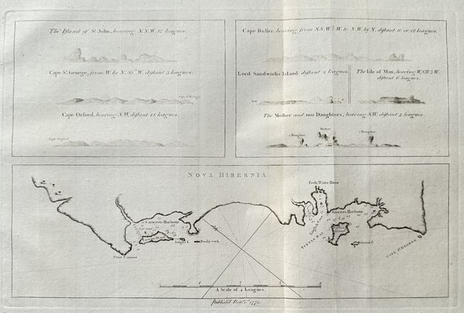 John Hawkesworth (1715–1773) – Nova Hibernia and Coastal Views – Engraving (1773): This engraving is a historic nautical chart titled Nova Hibernia (New Ireland, now part of Papua New Guinea), documenting the geographical discoveries made by Captain Philip Carteret in 1767–1768. T