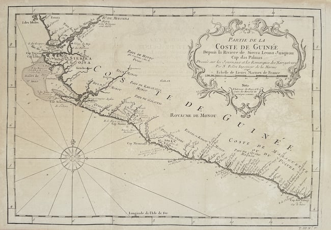 Jacob van der Schley – Part of the Coast of Guinea: From Sierra Leona to Capo da: This Engraving is a detailed historical cartographic chart, likely a plate from the travel series Histoire Générale des Voyages, compiled by Abbé Prévost. The map is titled Partie de la Coste de G