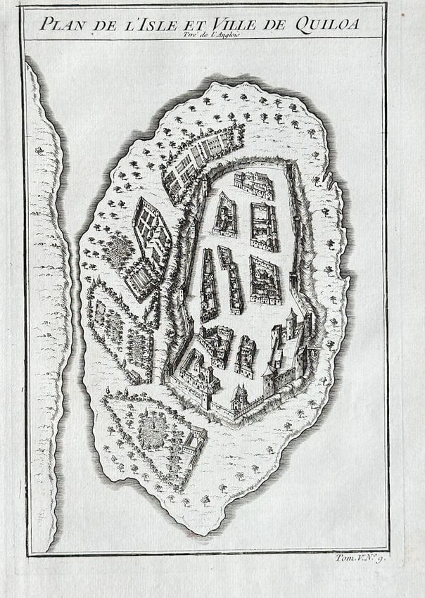 Abbé Antoine François Prévost (1697–1763) – Plan of the Island and City of Kilwa: This detailed engraved plan is titled "Plan of the Island and City of Kilwa" and provides a bird's-eye view of a fortified island city off the coast of East Africa. The plan, from Abbé Prévost’s H