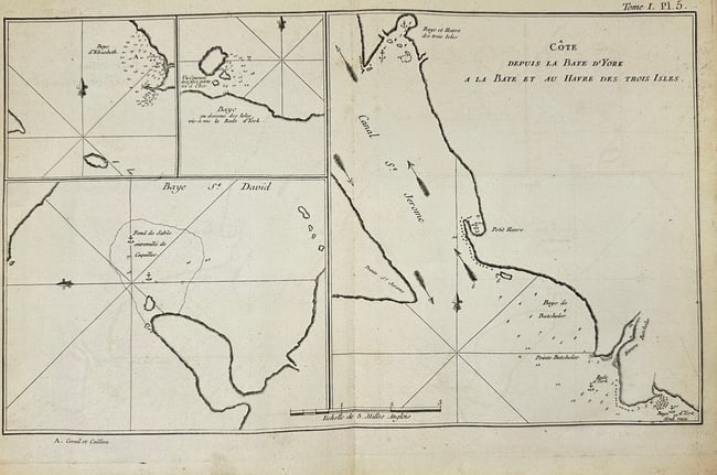 Bernard Dir – Map of the Coast from York Bay to the Bay and Harbor: This detailed early 19th-century nautical chart by Benard Dir presents the coastline from York Bay to the Bay and Harbor of the Three Islands. The map includes inset plans of harbors and anchorages wi