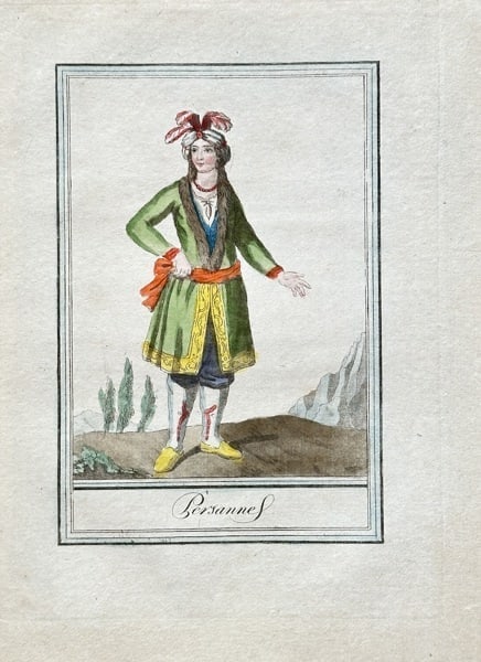 Jacques Grasset de Saint-Sauveur (1757–1832) – A Berrannes in Traditional Costum: This hand-coloured engraving is an ethnographic portrait of a figure called a Berrannes in traditional costume. The illustration is from a publication documenting world costumes and peoples, a popular
