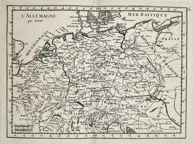 Georges-Louis Le Rouge – Map of L'Allemagne par Postes (Germany by Post-Roads): This hand-colored engraving is a map titled "L'Allemagne par Postes" (Germany by Post-Roads), covering the territories of the Holy Roman Empire (Germany) and surrounding regions, including the Mer Bal