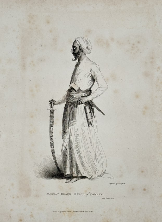 James Forbes – Mohimnan Khaus, Nabob of Cambay – Large Folio (1813): This Engraving is a full-length ethnographic portrait that documents a notable figure from 18th-century British India. The print depicts Mohimnan Khaus, the Nabob of Cambay (Khambhat, India), standing