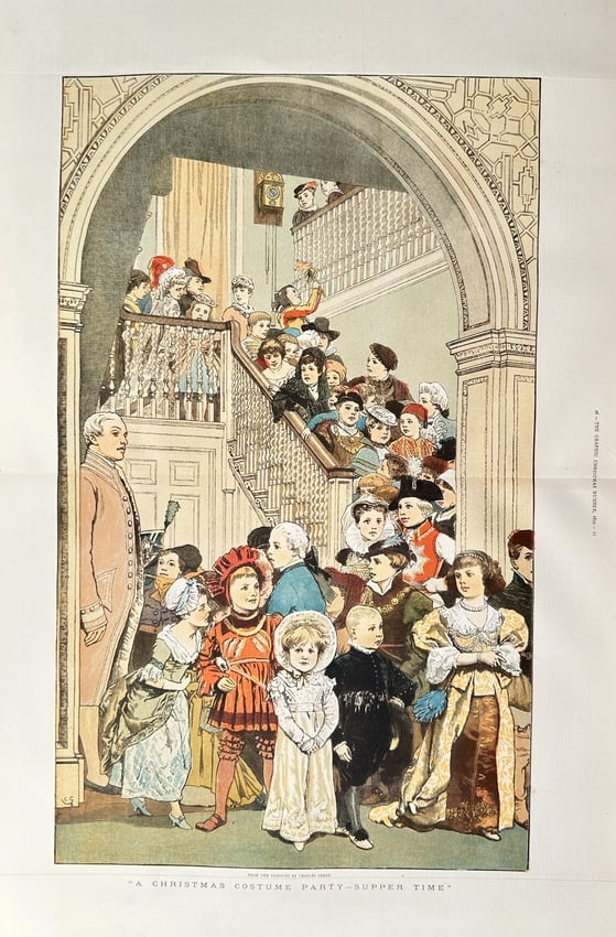 The Graphic – A Christmas Costume Party: Supper Time – Chromoxylograph (1888): This large, vibrant color print, titled "A Christmas Costume Party: Supper Time," illustrates a crowded, joyful Victorian holiday scene. The composition is centered on a grand staircase and arched doo