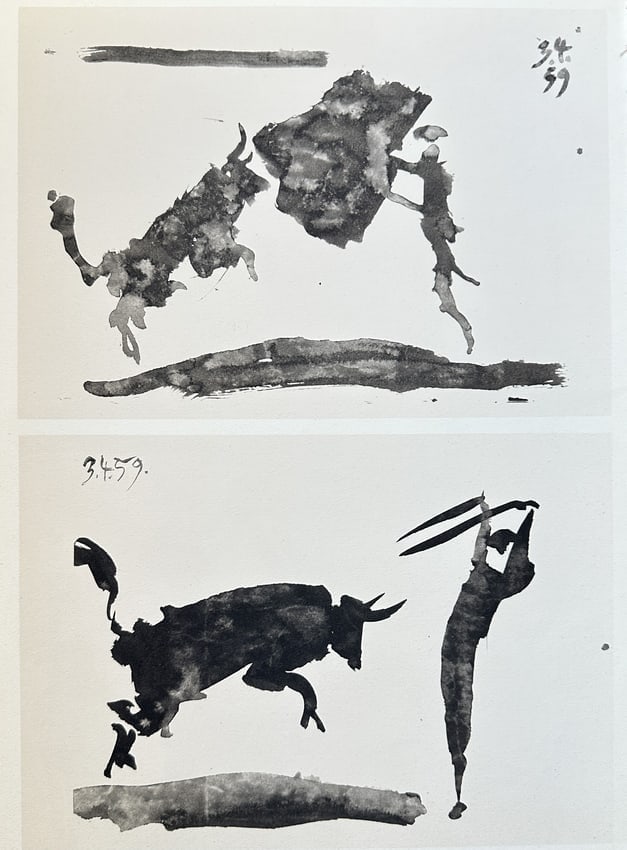 Pablo Picasso, after – Bullfight Studies – Offset print (20th Century): This stark black and white offset print features two expressive studies of the bullfight (corrida), a central and symbolic theme in Picasso's art. The images are based on original ink wash drawings, e