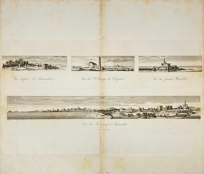 Samuel Bagster (1772–1851) – Views of Alexandria – Copperplate Engraving 1830: This finely detailed copperplate engraving, published by Samuel Bagster in London circa 1830, presents panoramic views of key landmarks in Alexandria, Egypt. The engraving is divided into four distinc