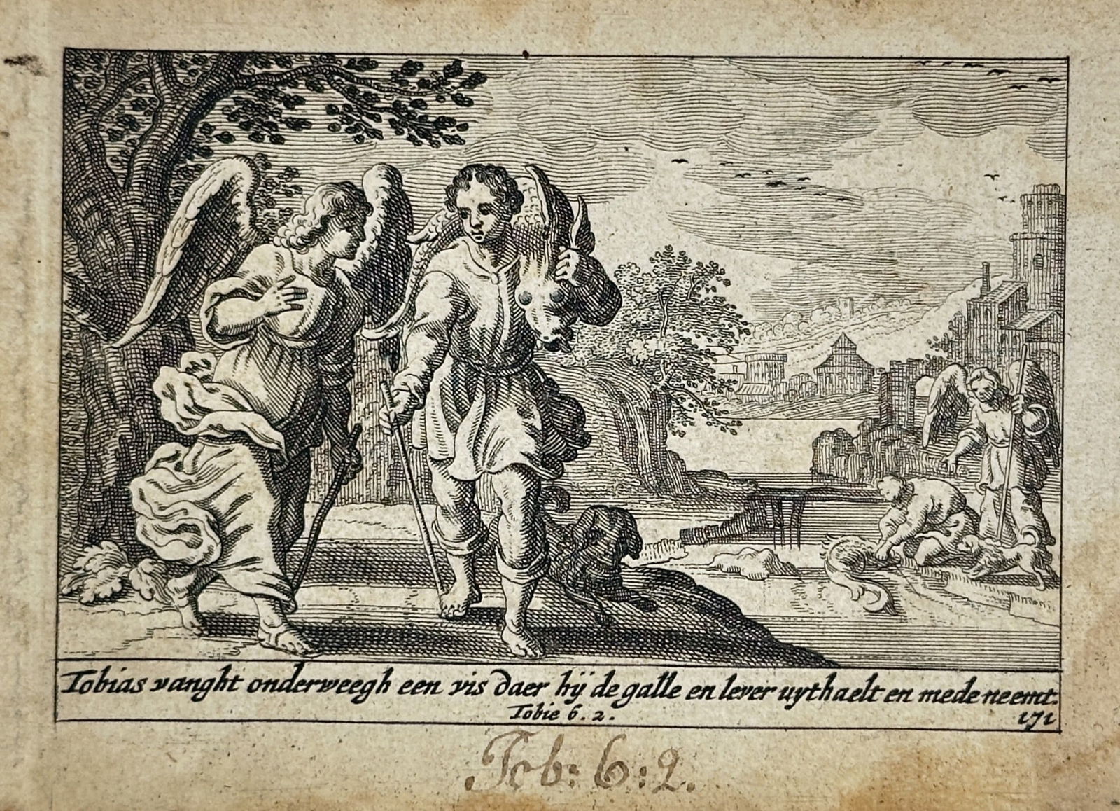 Pieter Schut (1618–1660) – Tobias Catching the Fish – woodcut (1659) (1 of 2)