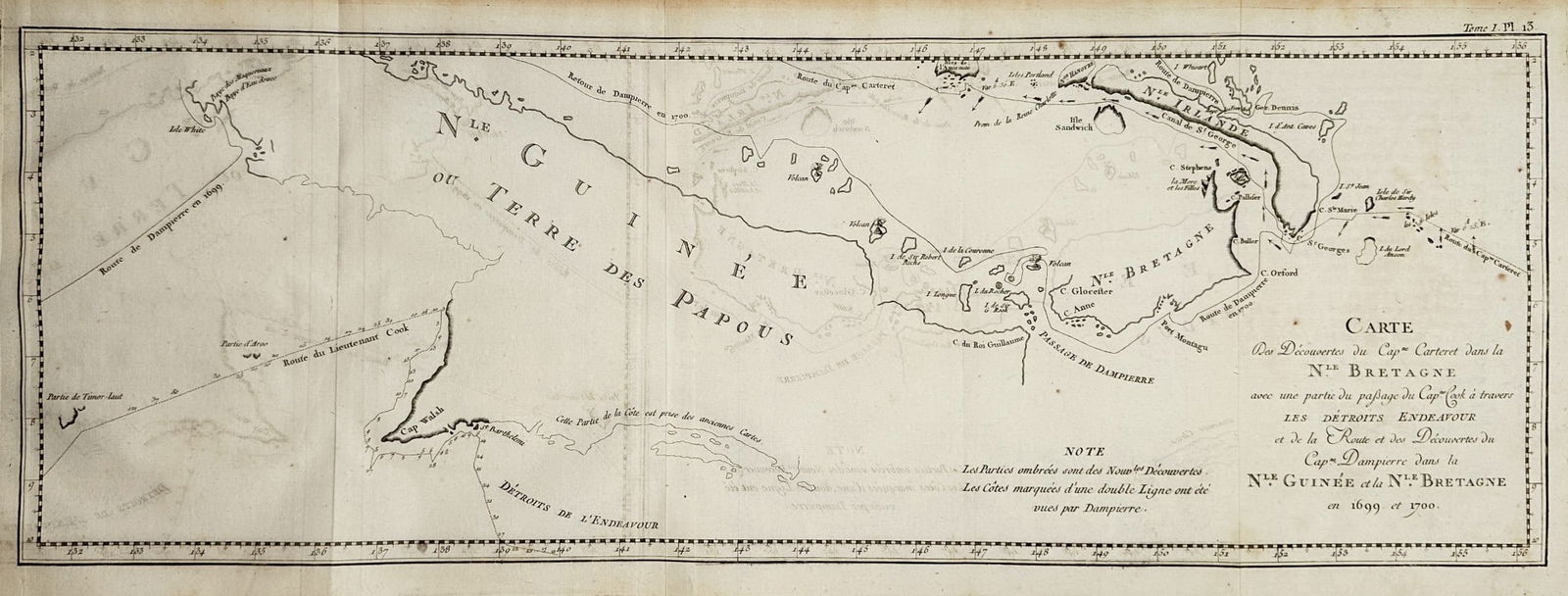 James Cook (1728–1779) – Map of New Guinea and New Britain – Etching (1774): "Carte des Decouvertes du Capne. Carteret dans la Nlle. Bretagne" depicts a large, fold-out nautical chart of the northern coast of New Guinea and the islands of New Britain and New Ireland. The compo