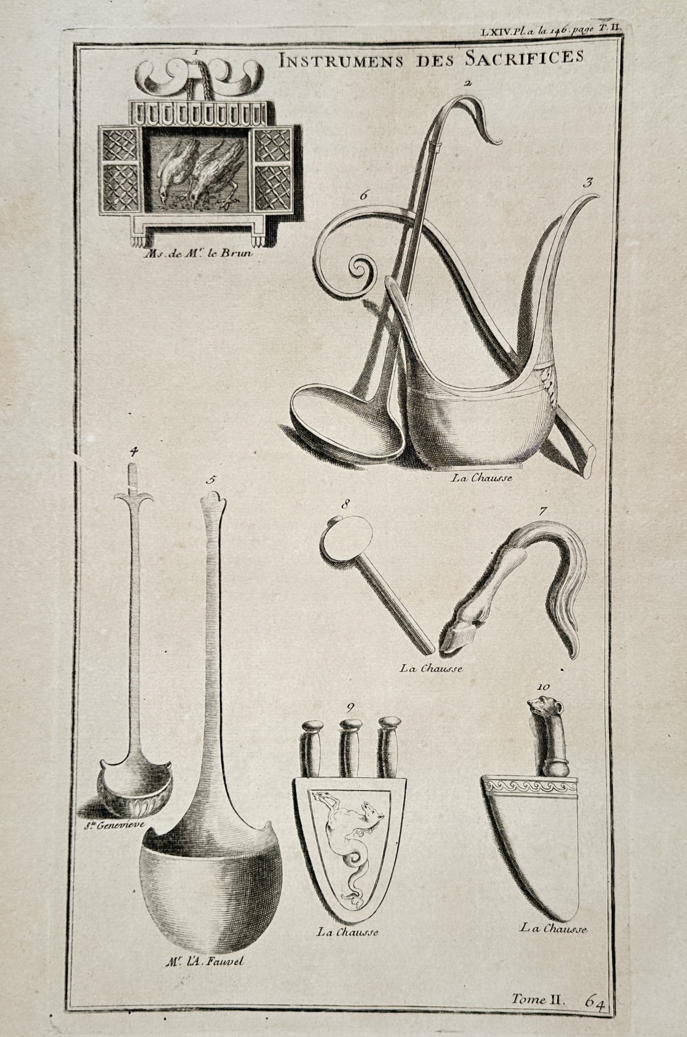 Bernard de Montfaucon (1655–1741) – Illustrations of Ancient Sacrificial Instrum: "Instrumens des Sacrifices" illustrates various liturgical tools and vessels used in classical sacrificial rituals. The composition features ten distinct objects, including long-handled ladles for pou