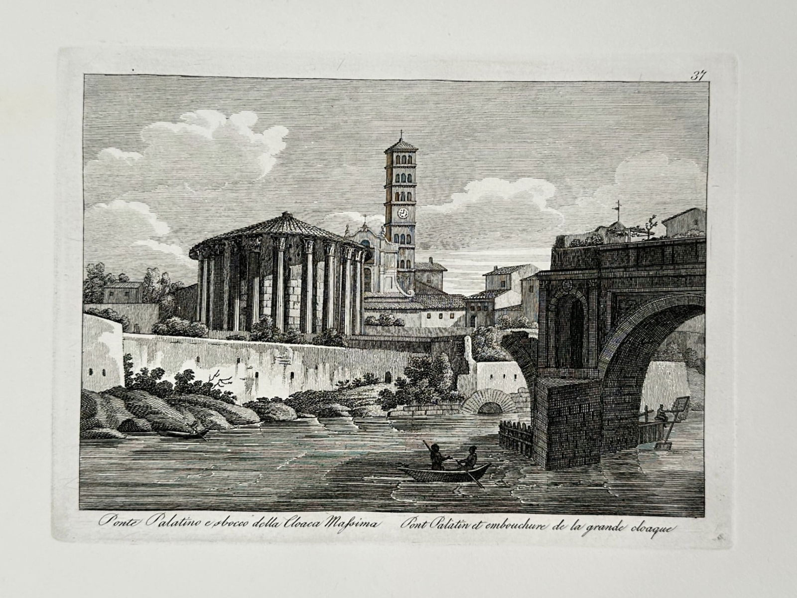 Giovanni Domenico Cassini (1625–1712) – View of the Palatine Bridge: "Ponte Palatino e sbocco della Cloaca Massima" depicts a detailed view of the Tiber River in Rome, featuring the ancient circular Temple of Hercules Victor on the left bank and the arched mouth of the