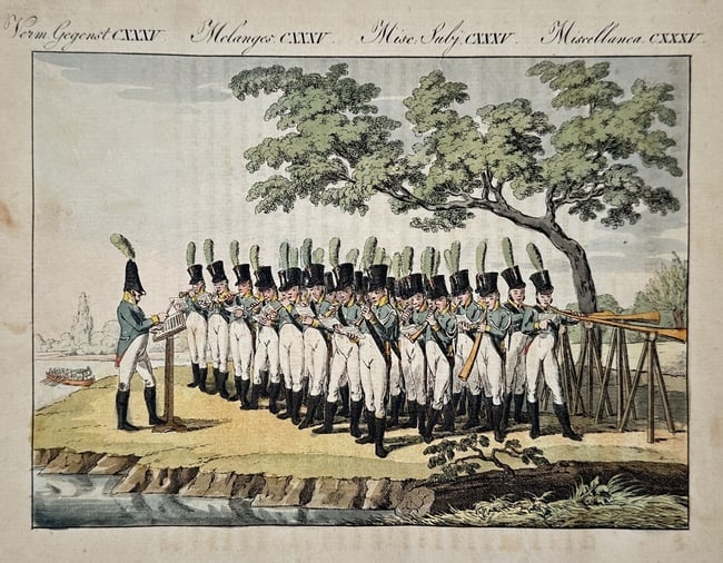 Friedrich Justin Bertuch – Russian Horn Band – Hand-coloured engraving (1801): "Russian Horn Band" depicts a specialized military musical ensemble performing in an outdoor landscape along a riverbank. The scene shows approximately twenty musicians dressed in green and white unif