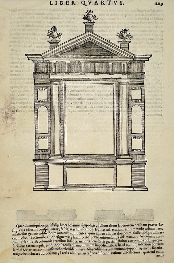 Sebastiano Serlio (1475–1554) – Classical Facade with Pediment – woodcut (1537): This woodcut features a formal architectural study of a classical building facade, characterized by a prominent triangular pediment adorned with decorative urns. The illustration showcases the balance