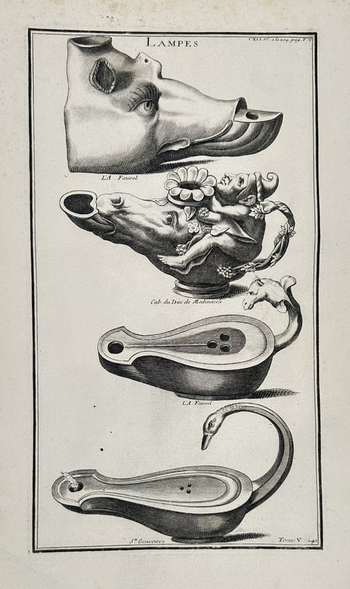 Bernard de Montfaucon (1655–1741) – Illustrations of Ancient Roman Figurative: This engraving displays illustrations of four distinct ancient Roman oil lamps, notable for their unusual and figurative designs. The collection includes a lamp shaped like a foot or sandal, a highly