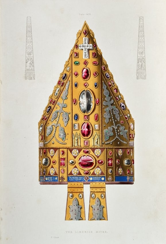 Henry Shaw (1800–1873) – The Limerick Mitre – Hand-coloured engraving: This highly intricate and vibrant print illustrates the ornate and jeweled Limerick Mitre, a significant piece of medieval ecclesiastical regalia from Ireland. The print captures the elaborate details