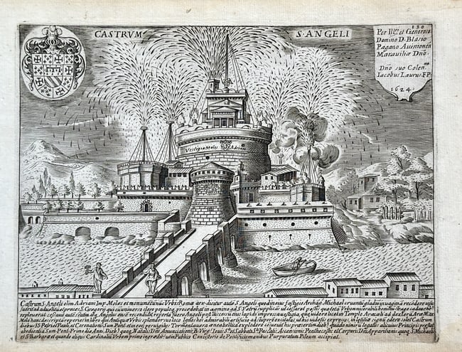 Giacomo Lauro (c. 1550–1630) – Castel Sant'Angelo with Fireworks – Engraving (1 of 2)