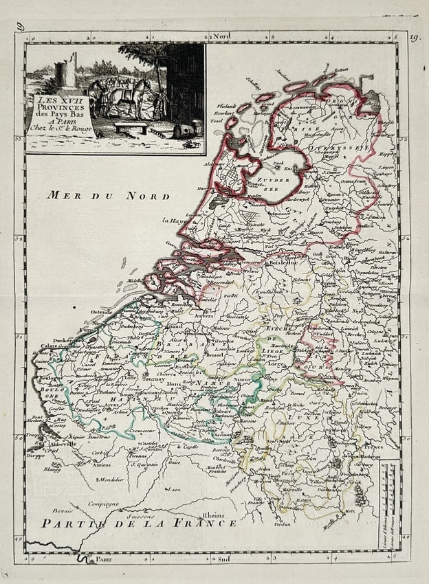 Georges-Louis Le Rouge (c. 1707–c. 1790) – Map of The Seventeen Provinces of the Low Countries: This topographical map depicts the Seventeen Provinces of the Low Countries, a region encompassing the modern-day Netherlands, Belgium, Luxembourg, and parts of northern France. The map details the ar