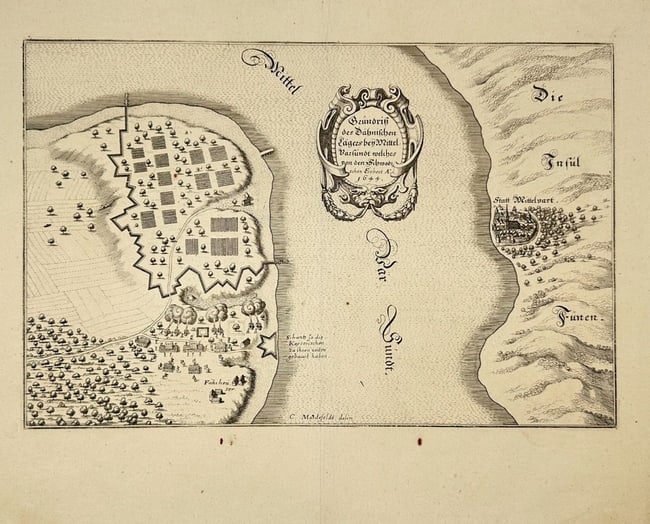 Matthäus Merian (1593–1650) – Map of Denmark - the Danish Camp near Middelfart: This early copperplate engraving depicts the Danish military camp near Middelfart (Mittelvarsundt), on the island of Funen, during the Torstenson War. The Swedish forces captured this position in 1644