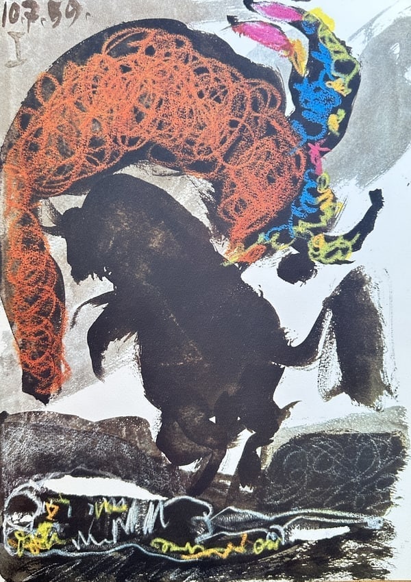 Pablo Picasso (1881–1973) – Bull and Toreador – Lithography: This offset print is from Pablo Picasso’s celebrated series 'Toros y Toreros' and depicts a dramatic bullfighting scene. The composition, titled Bull and Toreador, captures a powerful black bull dom