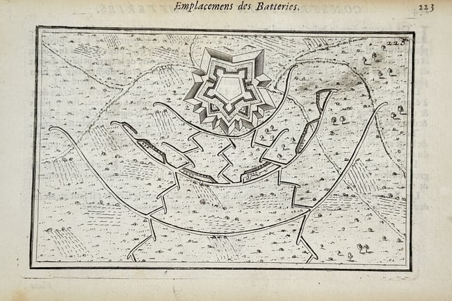 Menno van Coehoorn (1641–1704) – Placements of the Batteries – Engraving: This engraving features a tactical bird's-eye view of a star-shaped fortification besieged by an intricate system of batteries and trenches. The plan illustrates the geometric layout of the defensive