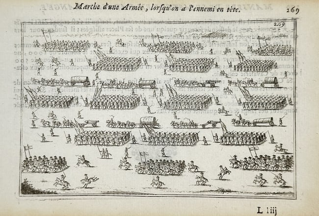 Menno van Coehoorn (1641–1704) – Complex tactical formation of an Army – Engraving: This engraving illustrates the complex tactical formation of an early 18th-century army on the march while anticipating an enemy encounter. The plate depicts multiple columns of infantry and cavalry i