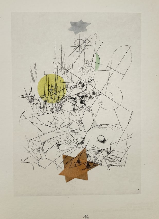 Paul Klee (1879–1940), after – Destruction and Hope – offset lithography (20th Century): This offset print features an intricate abstract composition where various geometric and linear forms intersect against a pale background. The work utilizes fine, overlapping lines and subtle color ac
