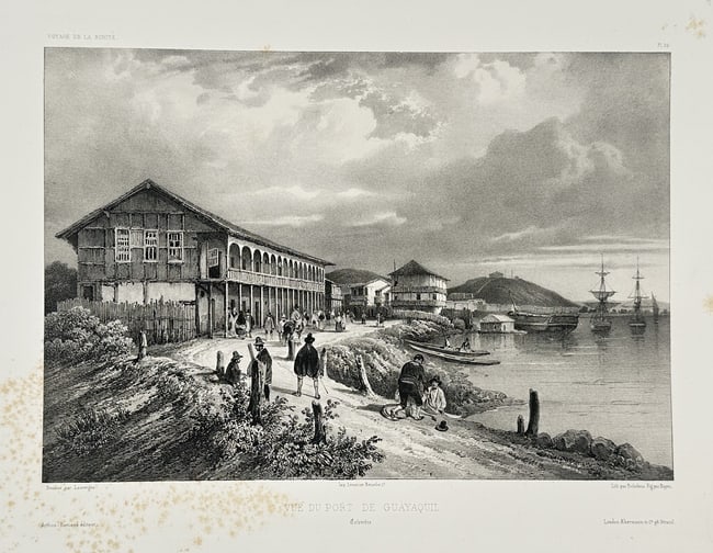 Barthélemy Lauvergne (1805–1871) – View of the Port of Guayaquil – Lithograph: This lithograph depicts a coastal scene in Guayaquil, Ecuador, showing a large wooden administrative or commercial building with a balcony overlooking a bustling waterfront. Figures are seen engaged i