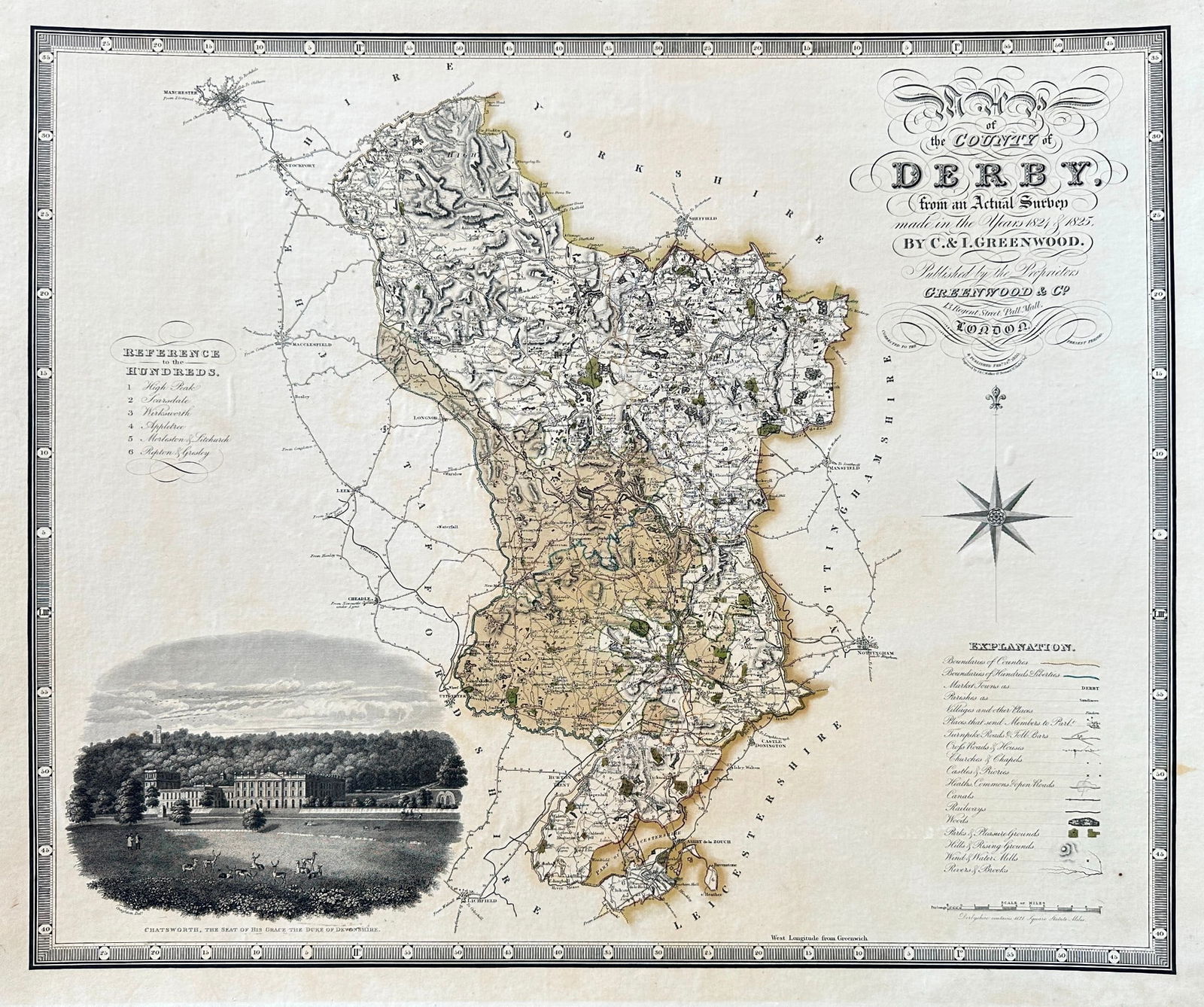 John Walker & Charles Walker (fl. early 19th century) – Map of England - the County of Derby: This beautifully hand-colored map titled The County of Derby was engraved by John Walker and Charles Walker from an actual survey made in 1824–1825. It was published in Greenwood's Atlas of the Coun