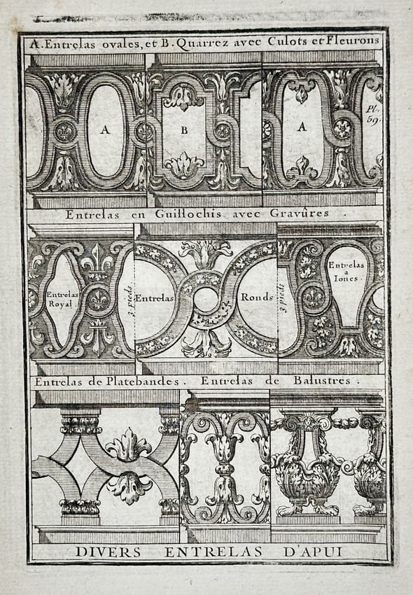 Giacomo Barozzi da Vignola – Various Designs for Ornamental Architectural Interl – Engraving: This architectural engraving illustrates a variety of ornamental interlacing patterns, or entrelacs, intended for use in architectural elements such as friezes, cornices, and railings. The plate is or