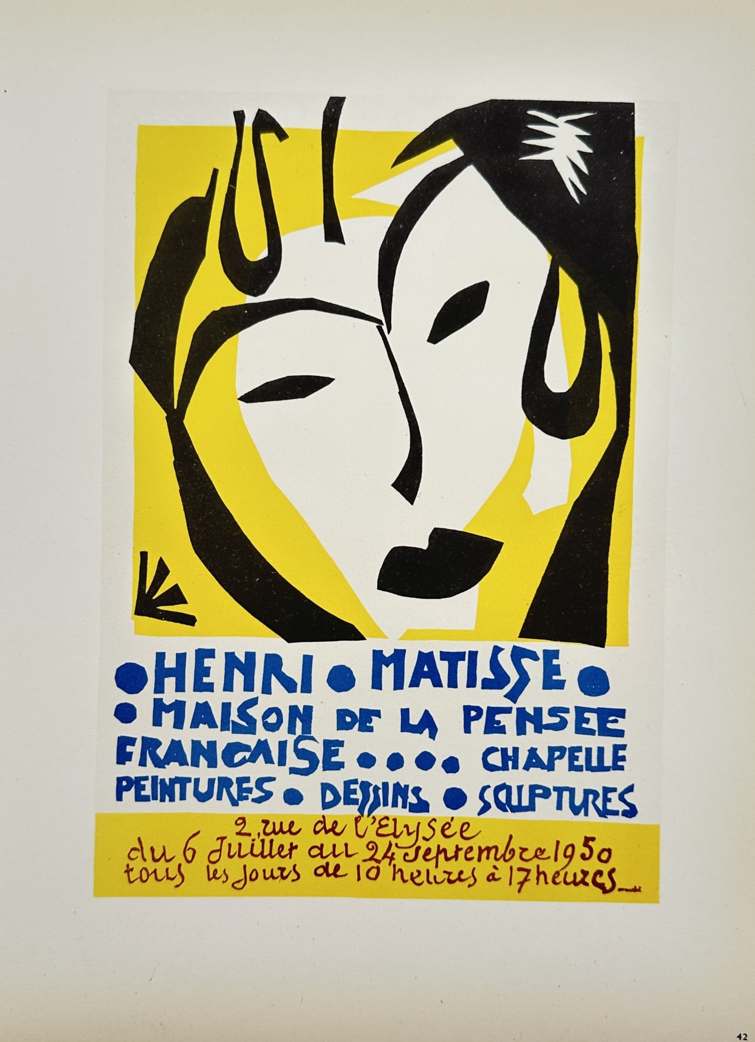 Henri Matisse (1869–1954), after – Poster for Maison de la Pensee Francaise: "Henri Matisse - Maison de la Pensee Francaise" depicts a bold, minimalist portrait of a face rendered in thick black lines against a vibrant yellow background. The composition features abstract facia