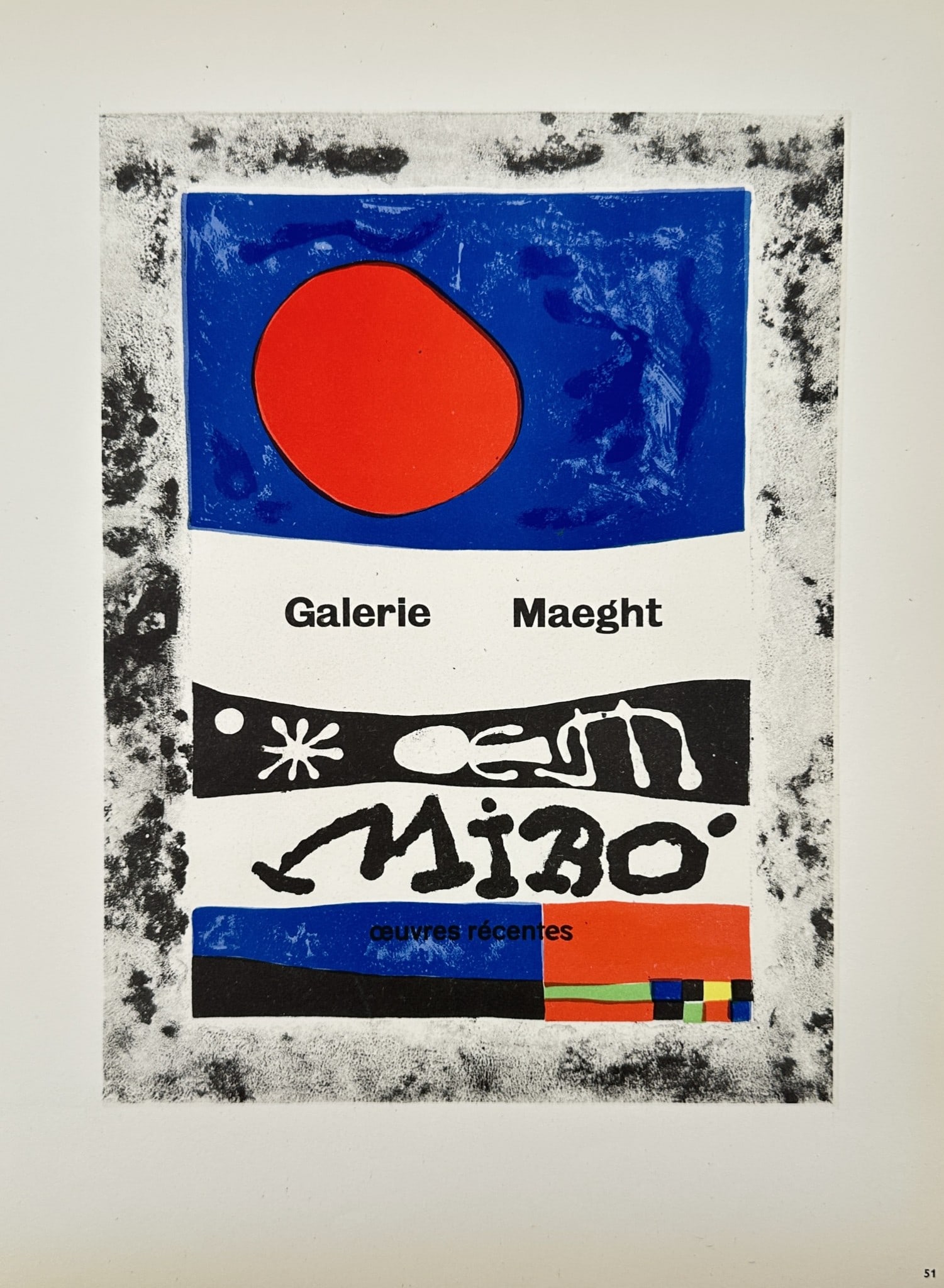 Joan Miró (1893–1983), after – Poster for Galerie Maeght (Recent Works): "Galerie Maeght – Miró – Œuvres Récentes" depicts a striking abstract composition dominated by a large, vibrant red celestial orb set against a deep blue upper field. The lower half of the post