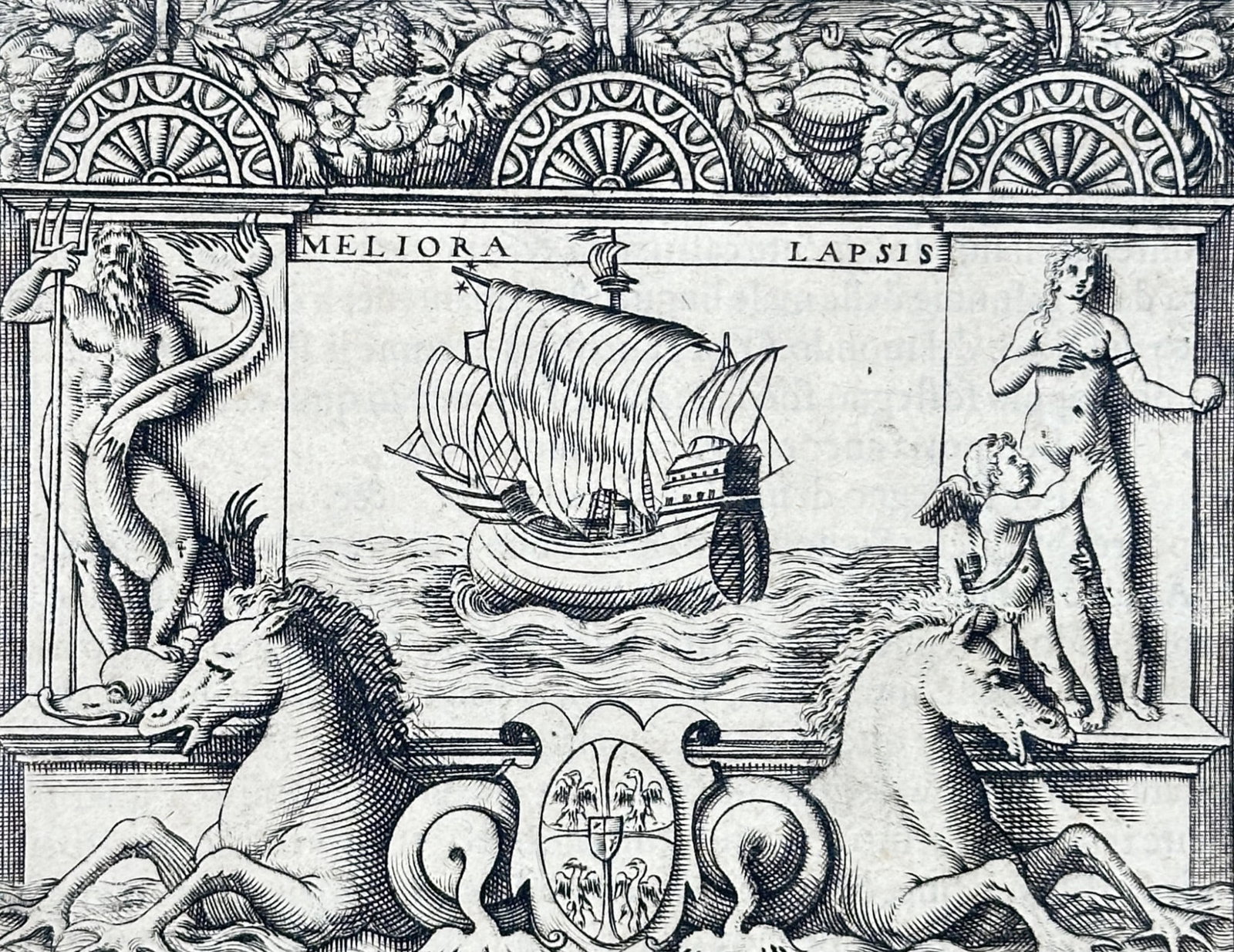 Girolamo Ruscelli (1504–1566) – Allegorical Coat of Arms of Isabella Gonzaga: "Meliora Lapsis" depicts the personal device of Isabella Gonzaga, Marchesa di Pescara. The central rectangular image features a sailing vessel navigating turbulent waters, flanked by architectural nic