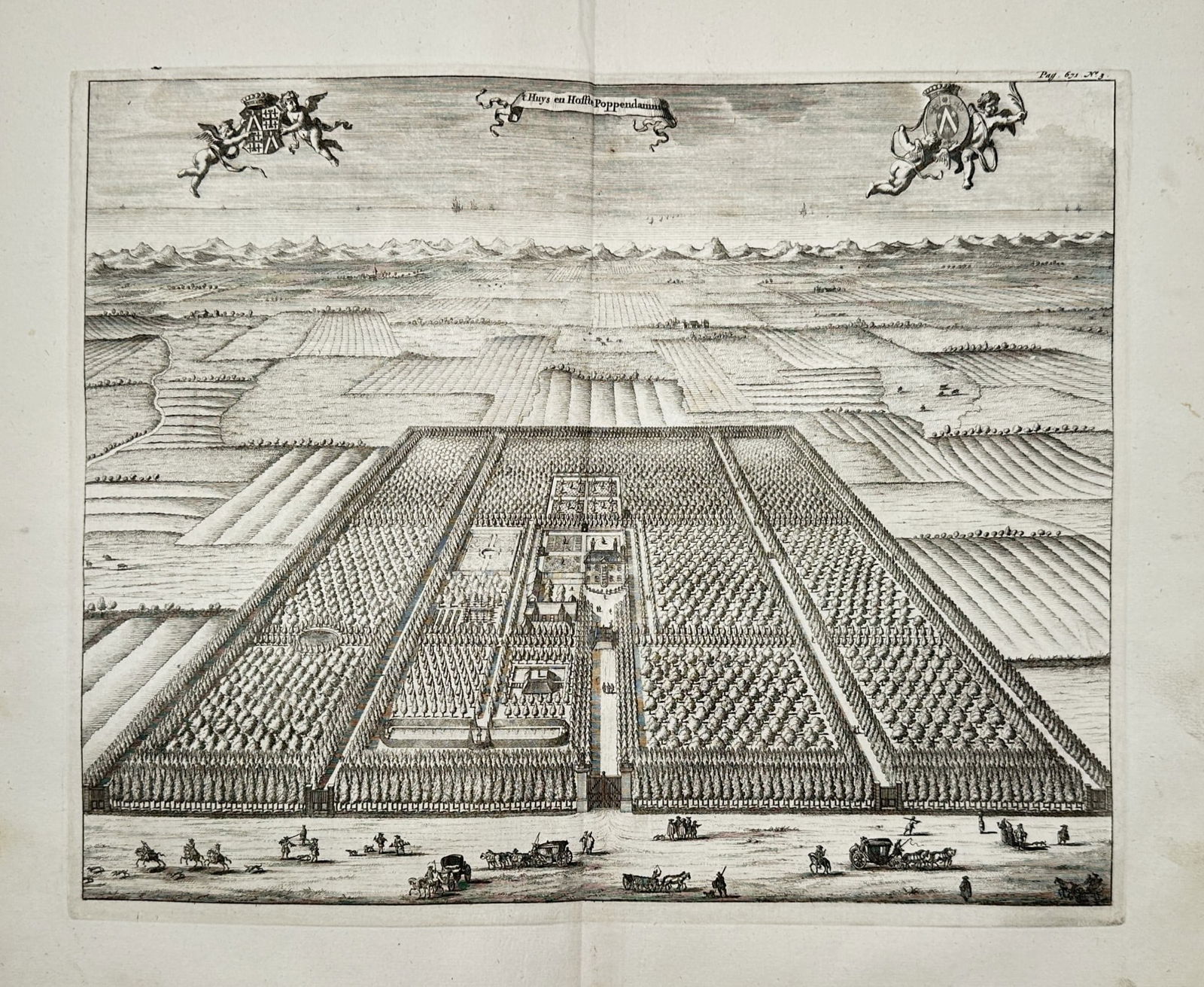 Mattheus Smallegange (1624–1710) – View of the House Popkensburg – etching (1696): "’t Huys en Hof te Popkensburg" depicts an extensive bird’s-eye view of the castle and its highly structured formal gardens on the island of Walcheren. The composition features a central avenue le