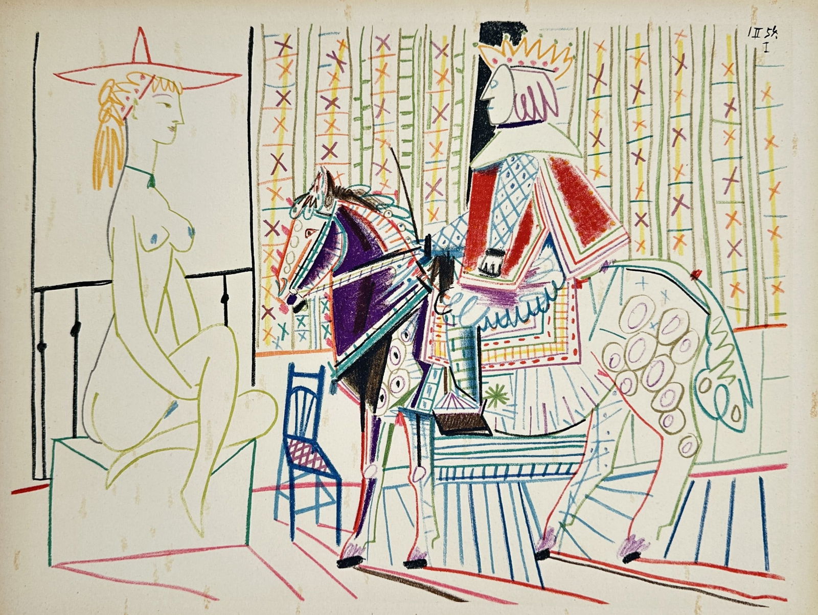 Pablo Picasso (1881–1973), after – The King on Horseback and the Nude – Lithograph: "1.2.54. I" depicts a theatrical scene featuring a nude female figure seated on a plinth on the left and a king in royal robes mounted on a decorated horse on the right. The composition is rendered wi