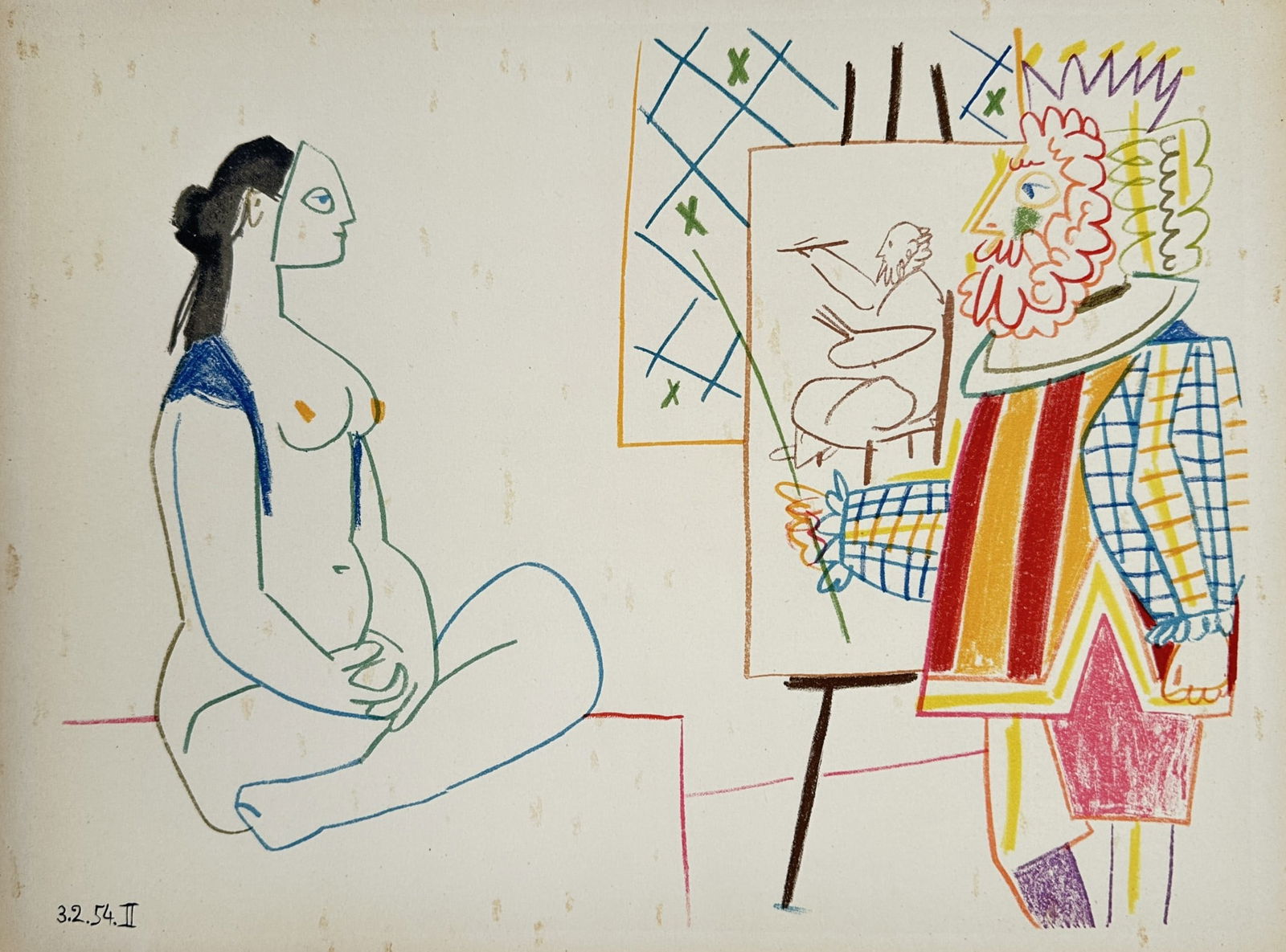 Pablo Picasso (1881–1973), after – The Artist and His Model – Lithography - 1954: "3.2.54. II" depicts a studio interior featuring a seated nude model facing a painter at his easel. The composition is rendered with vibrant, multi-colored lines, showing the model in a cross-legged p