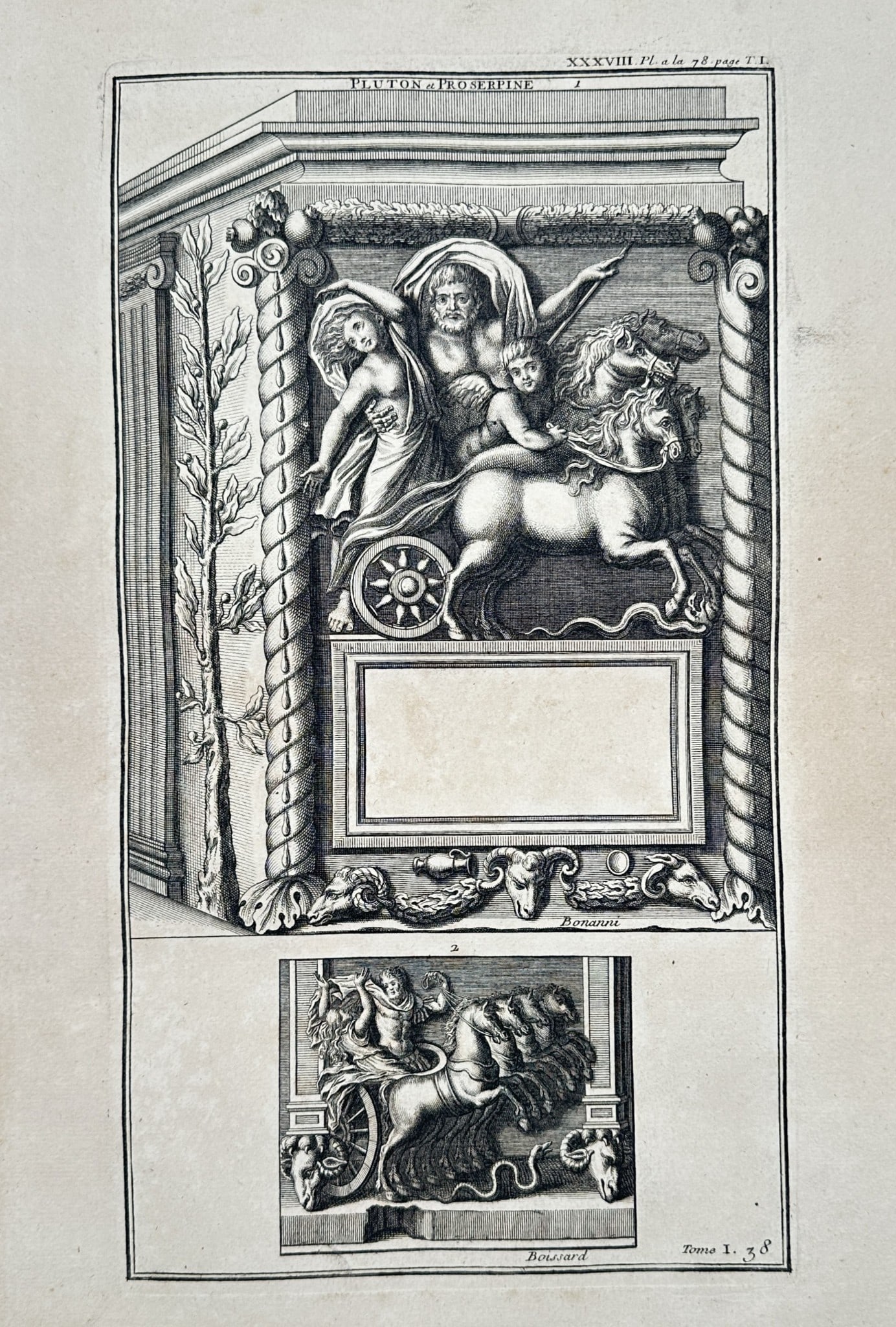 Bernard de Montfaucon (1655–1741) – Illustrations of Pluto and Proserpine – Etching: "Pluton & Proserpine" depicts two classical relief representations of the mythological abduction of Proserpine by Pluto. The upper, larger relief shows the deity in a horse-drawn chariot seizing Prose